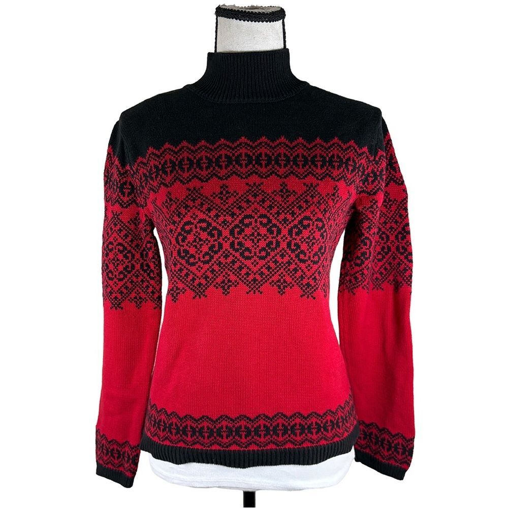 Talbots Red and Black Nordic Mock Neck Sweater